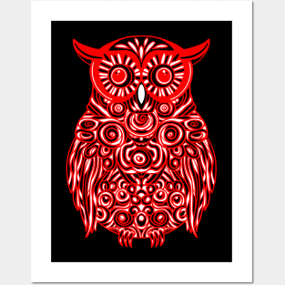 Bright Red Owl design with white and black highlights. Posters and Art